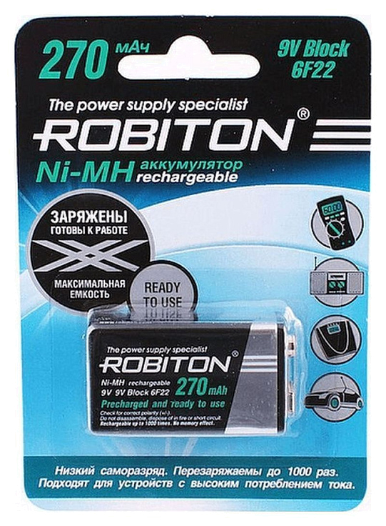 Аккумулятор ROBITON 6F22 (9V) Ni-MH 270mAh